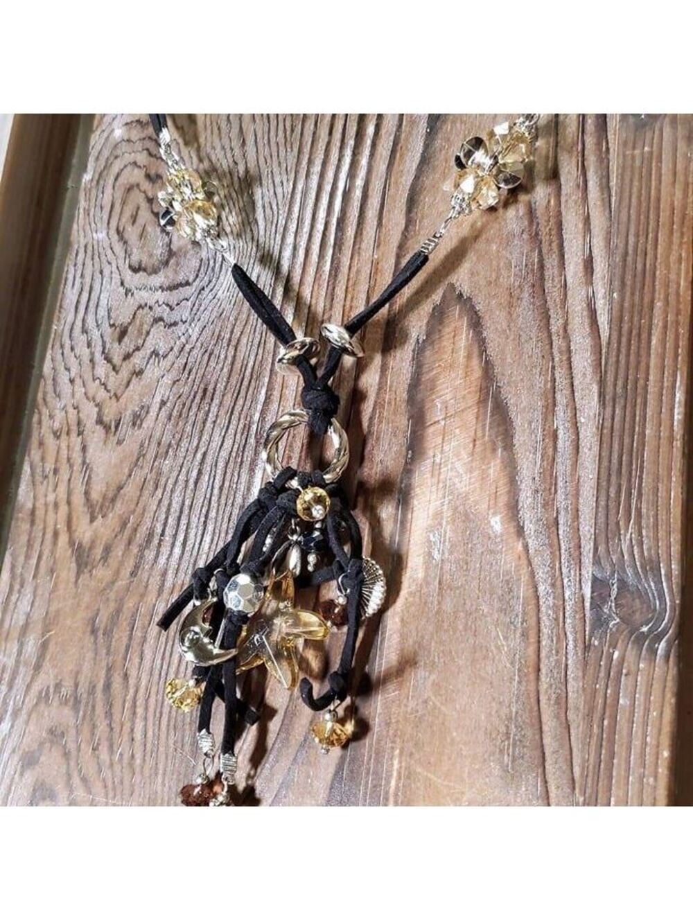 Handcrafted Black Vegan Suede Champagne Silver Beads Starfish Pendant Necklace